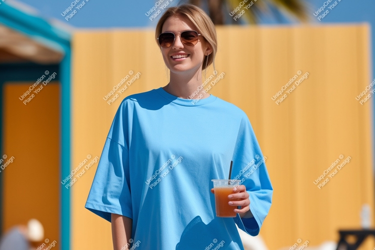 Blue shirt woman holding drink sunglasses