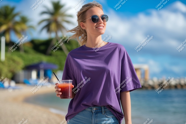 Woman wearing purple t shirt holding drink image
