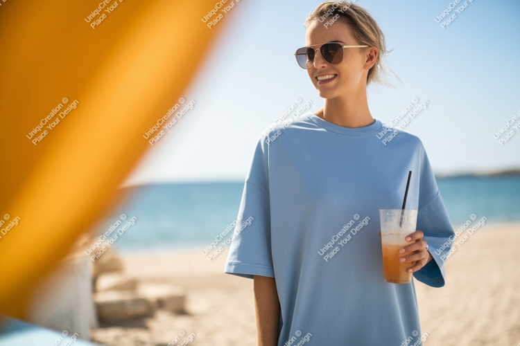 Woman holding drink on beach sunglasses blue