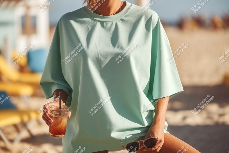 Mint oversized t shirt beach drink image