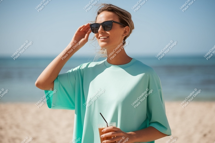 Woman enjoying beach drink ocean sunglasses