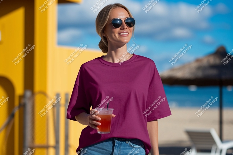 Woman wearing purple t shirt holding drink image