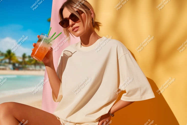 Woman holding drink wearing cream t shirt image