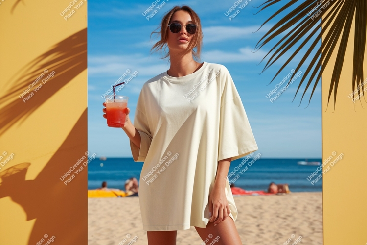 Woman holding drink on beach summer ocean