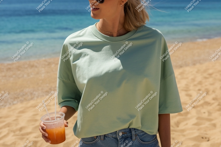 Woman wearing green t shirt holding drink on beach