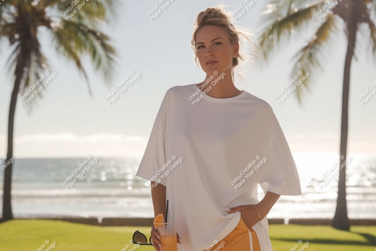 Woman white t shirt orange shorts beach t-shirt