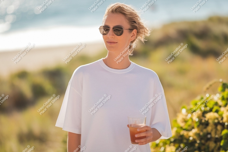Blonde woman wearing white shirt holding drink sunglasses