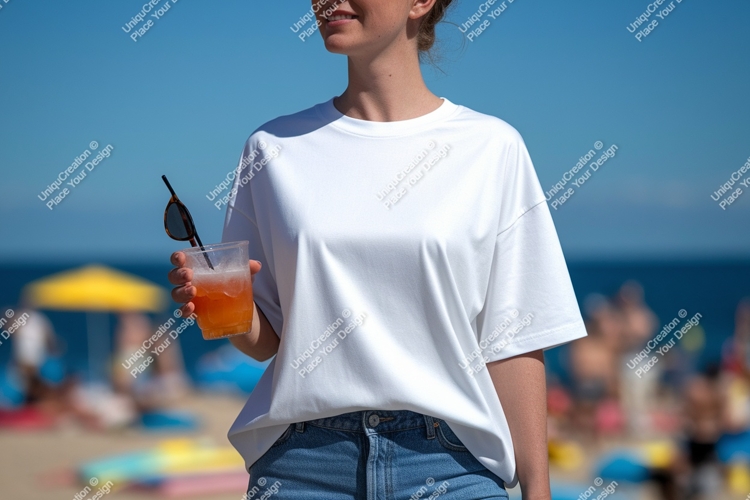 White t shirt mockup beach drink image