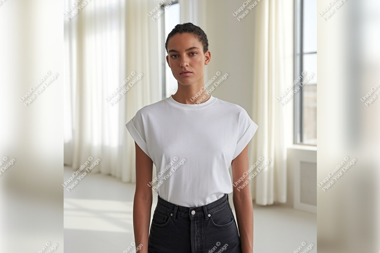 Woman Wearing White Tshirt Mockup In Studio