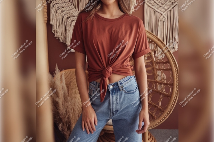 Woman In Tied Tshirt Mockup And Jeans