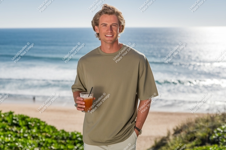 Man holding drink on beach ocean sand