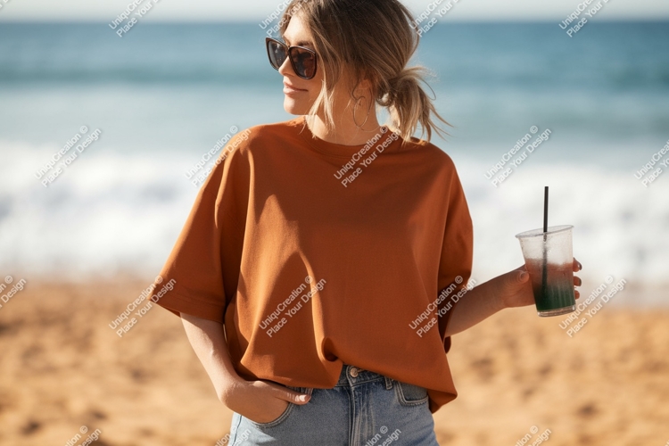 Woman wearing orange shirt holding drink on beach image