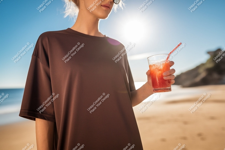 Brown shirt beach drink summer ocean