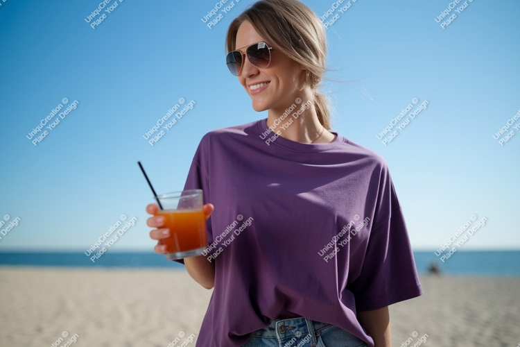 Woman purple shirt sunglasses holding drink image