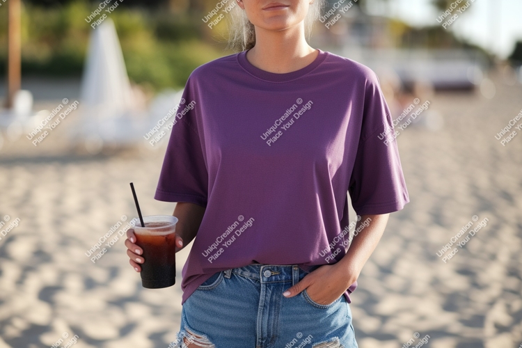 Purple shirt denim shorts beach drink image