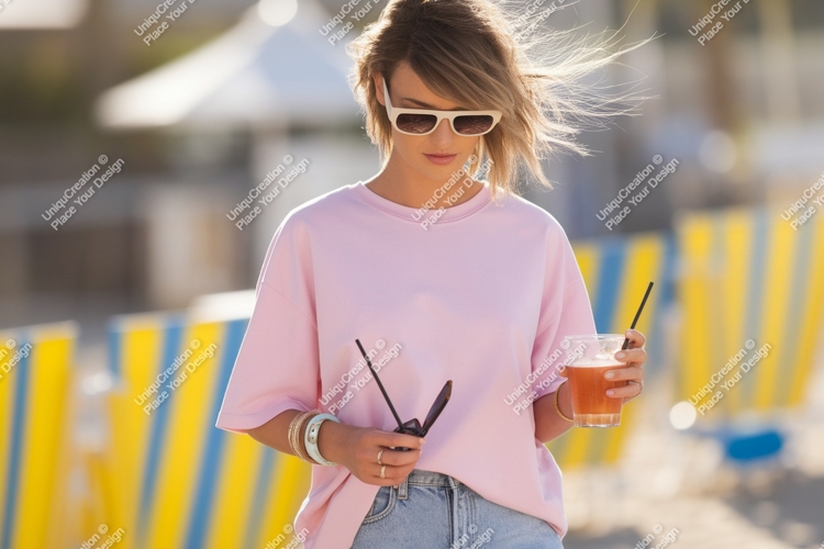 Woman holding drink sunglasses beach pink
