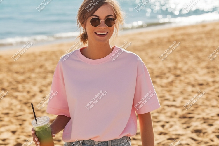 Pink shirt woman beach drink sunglasses image
