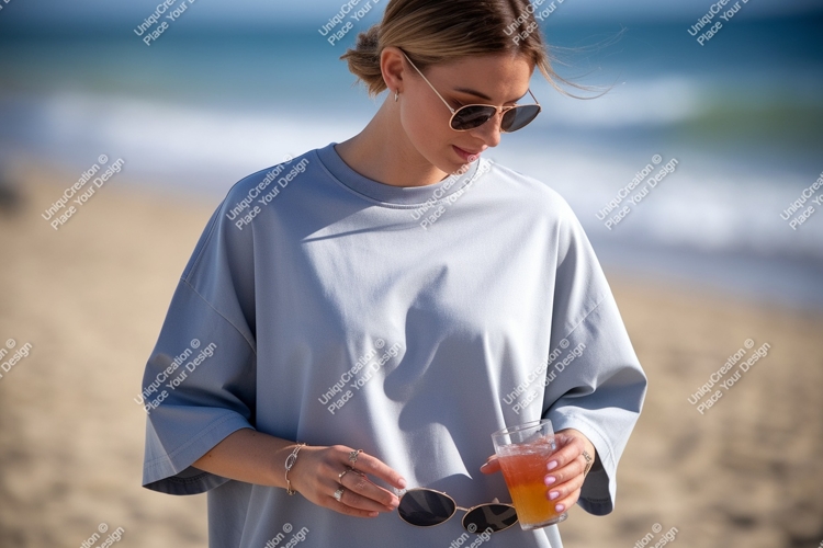 Pink shirt denim jeans holding orange drink image