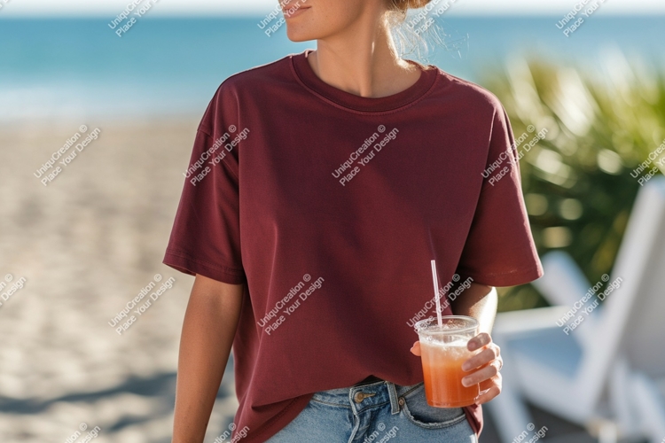 Maroon shirt beach drink summer