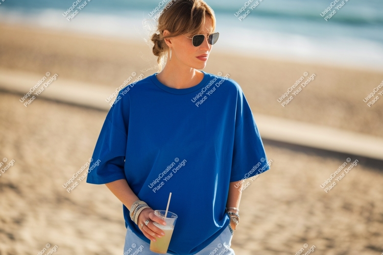 Blue shirt woman beach drink image