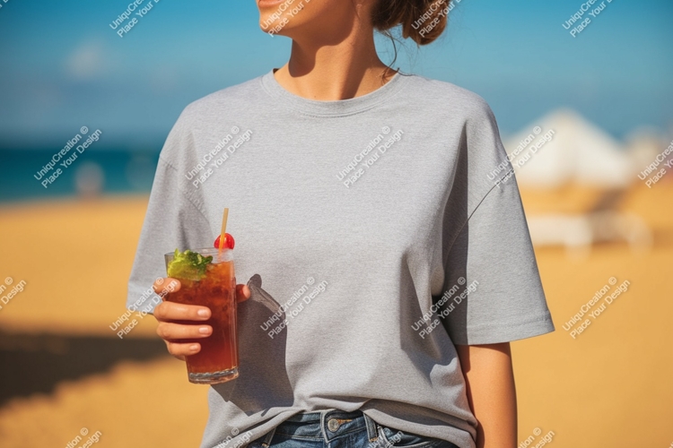 Gray t shirt mockup beach drink image