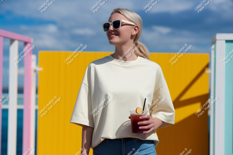 Woman holding drink wearing cream t shirt image