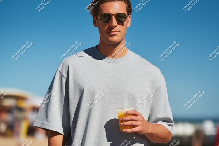 Man wearing grey t shirt holding orange drink t-shirt