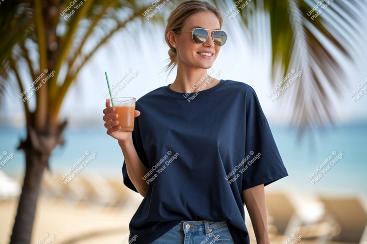 Woman holding drink on beach palm ocean