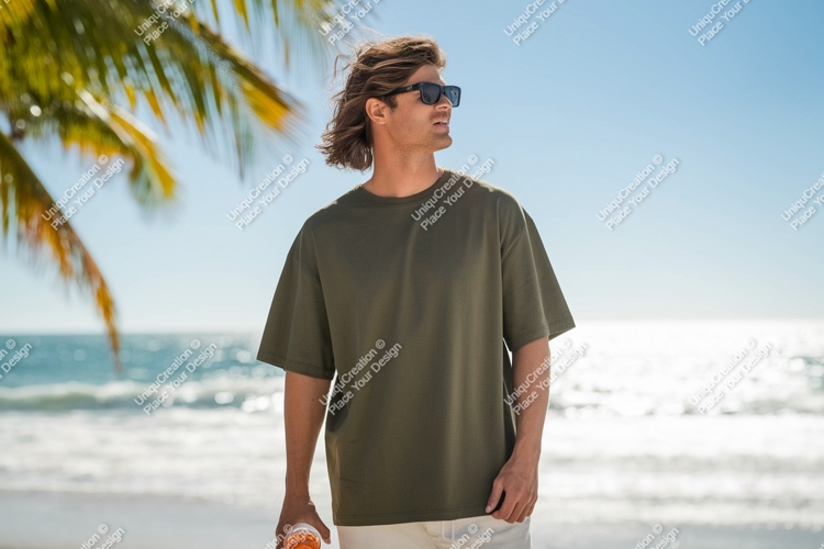 Man wearing green t shirt on beach image