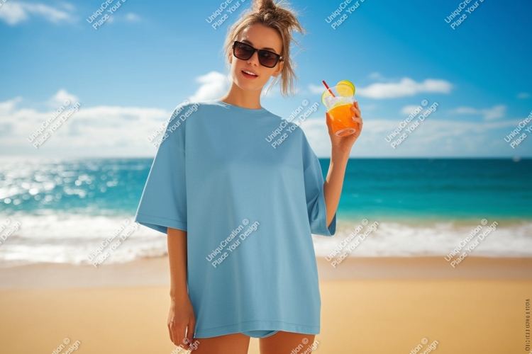 Woman beach drink ocean blue