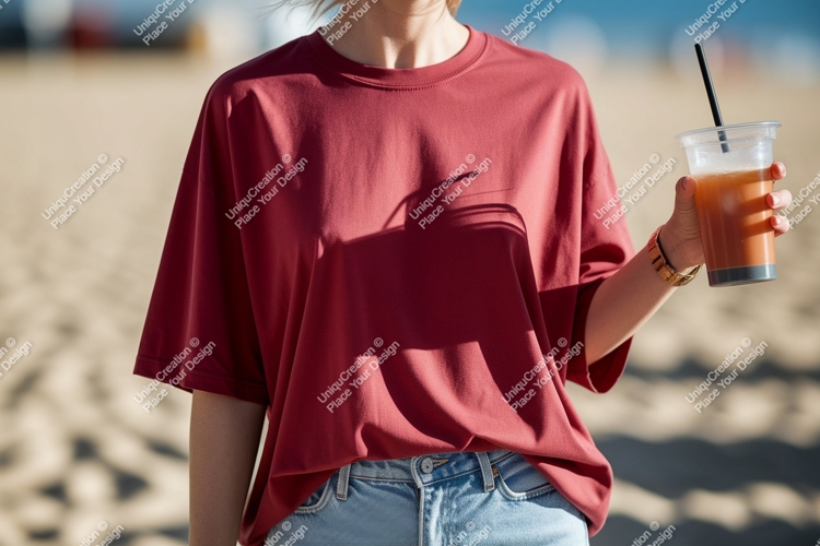 Crimson shirt light jeans holding drink image