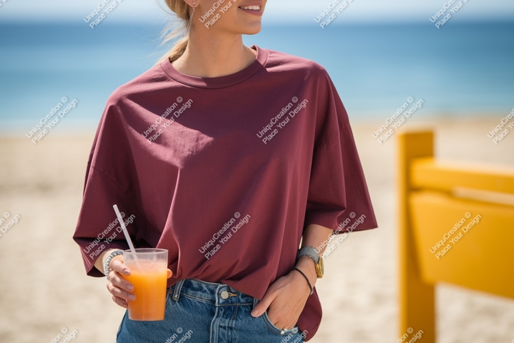 Woman wearing maroon t shirt holding orange drink image