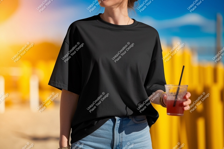 Black t shirt mockup beach drink image