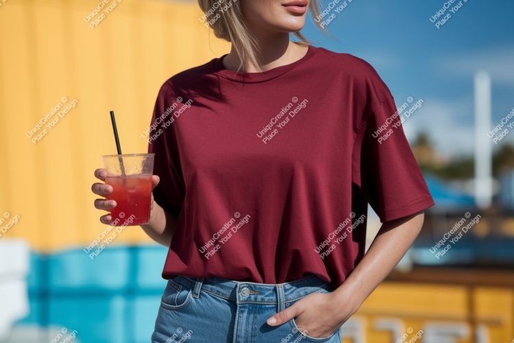 Woman maroon shirt holding drink straw