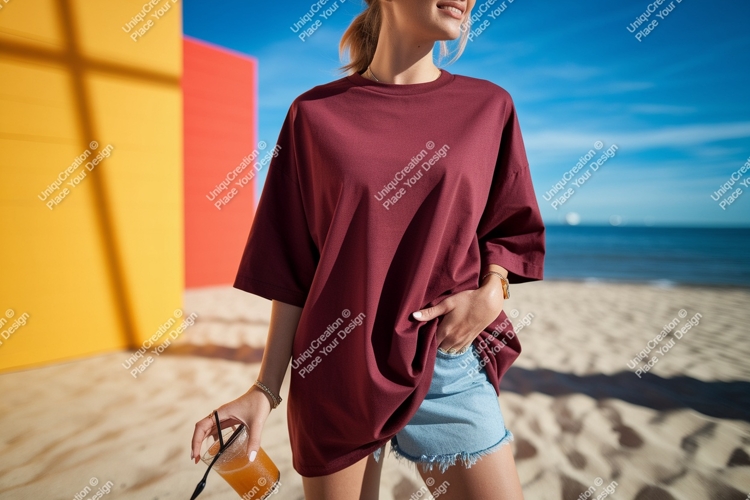Woman wearing maroon t shirt denim shorts holding drink