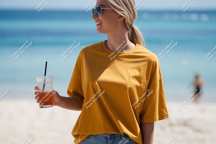 Woman wearing yellow t shirt holding drink image