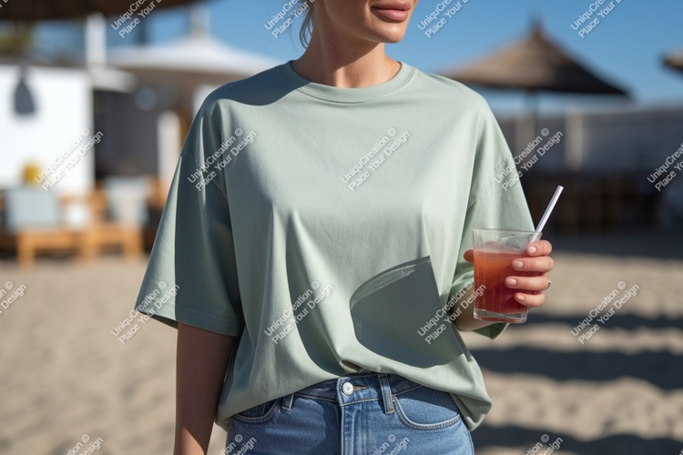 Woman wearing light green t shirt holding drink denim