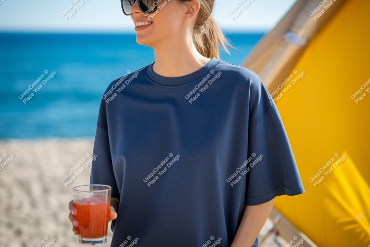 Woman blue shirt beach drink image