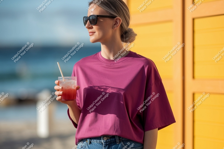 Woman holding pink drink near yellow wall image