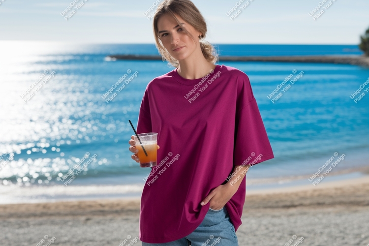 Woman wearing magenta shirt holding drink at beach