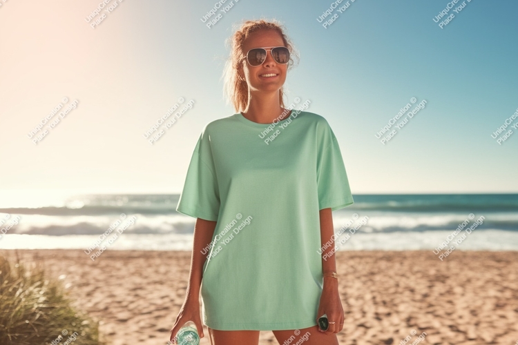 Woman wearing mint t shirt sunglasses beach image