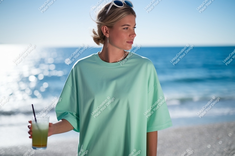 Woman wearing mint green t shirt holding drink image