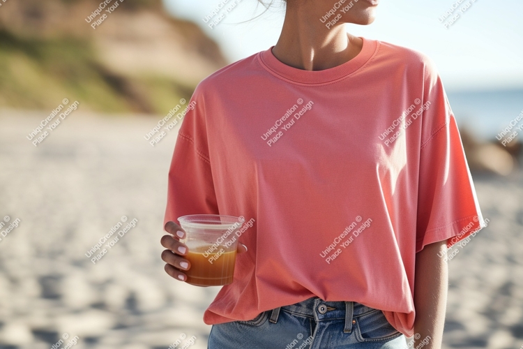 Coral shirt woman holding drink beach image