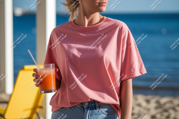 Pink shirt woman holding orange drink beach image