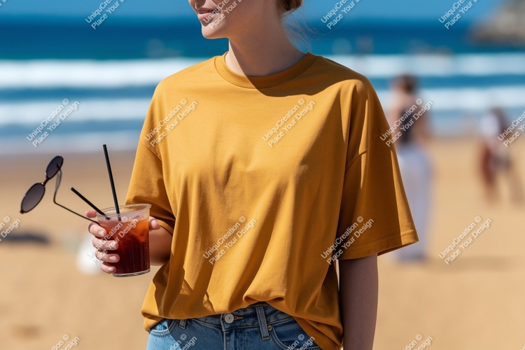 Woman holding drink sunglasses beach ocean sand