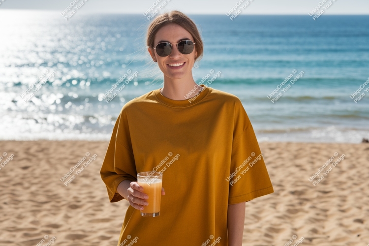 Woman holding orange drink on sandy beach ocean