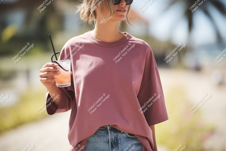 Woman pink shirt denim jeans holding drink image
