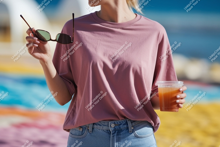 Pink shirt denim jeans sunglasses drink image