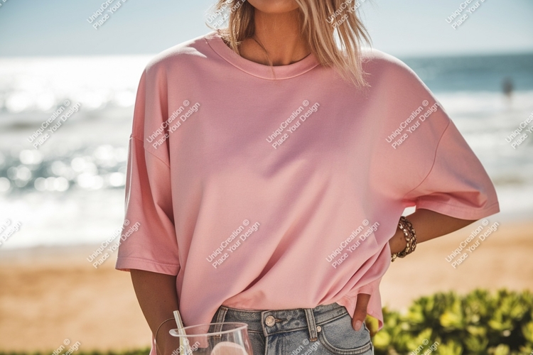 Pink shirt denim jeans beach image