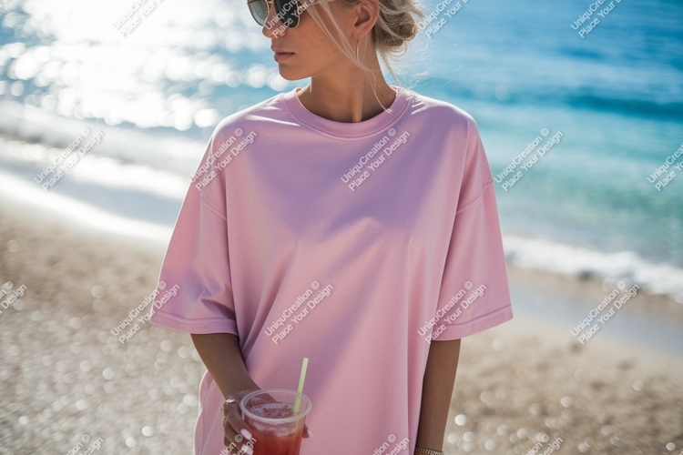 Pink shirt sunglasses beach drink image